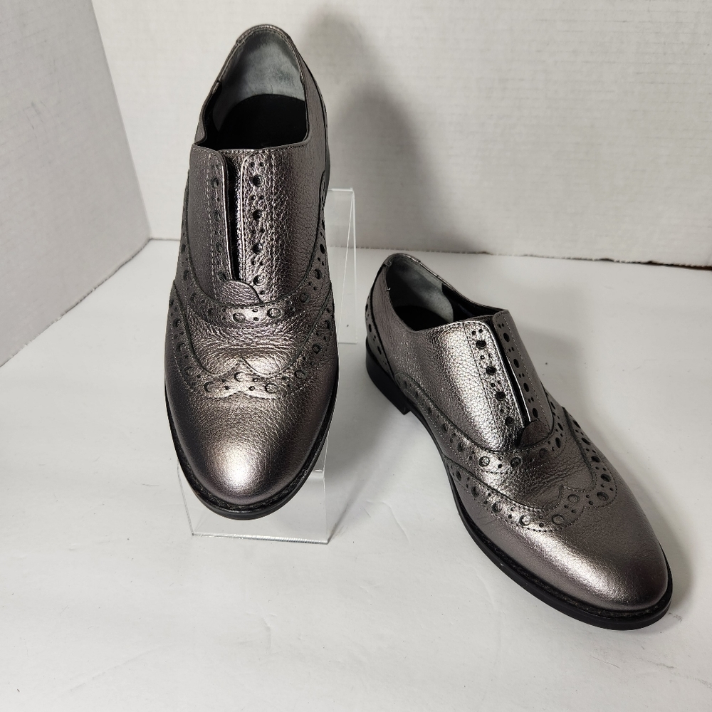 Vionic Oxford leather loafer shoes silver pewter metallic size 6.5